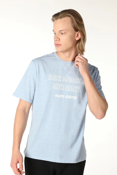 Erkek Baskılı Kısa Kollu Bisiklet Yaka Tişört Mavi - 2