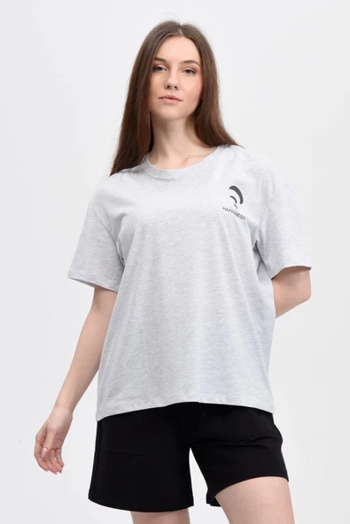 Kadın Ön Ve Sırt Baskılı Kısa Kollu Bisiklet Yaka Oversıze Oversıze Tişört Siyah  2XL KAR MELANJ - 5