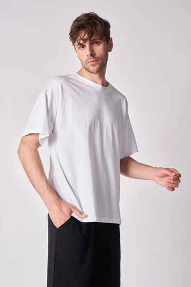 Erkek %100 Pamuk Oversize Kısa Kollu Bisiklet Yaka Tişört - 7