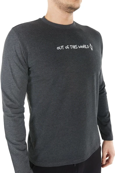 Erkek Baskılı Uzun Kollu Bisiklet Yaka Tişört Antrasit - 3