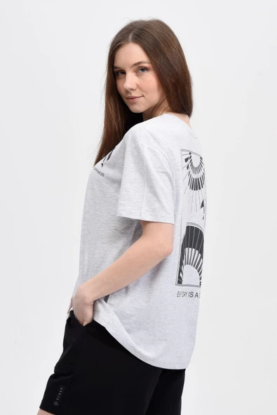 Kadın Ön Ve Sırt Baskılı Kısa Kollu Bisiklet Yaka Oversıze Oversıze Tişört Siyah  2XL KAR MELANJ - 3