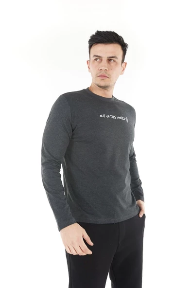 Erkek Baskılı Uzun Kollu Bisiklet Yaka Tişört Antrasit - 2