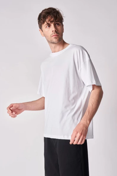 Erkek %100 Pamuk Oversize Kısa Kollu Bisiklet Yaka Tişört - 8