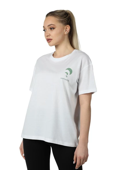 Kadın Ön Ve Sırt Baskılı Kısa Kollu Bisiklet Yaka Oversıze Oversıze Tişört Siyah  2XL BEYAZ - 1