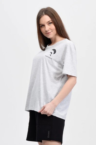 Kadın Ön Ve Sırt Baskılı Kısa Kollu Bisiklet Yaka Oversıze Oversıze Tişört Siyah  2XL BEYAZ - Resim 6