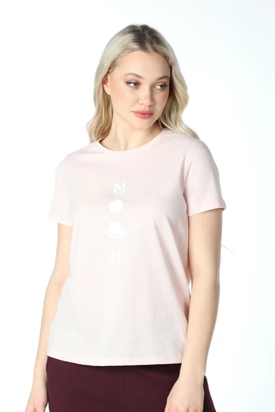 Kadın Baskılı Kısa Kollu Bisiklet Yaka Tişört Pembe Mel  S PEMBE MELANJ - Resim 3