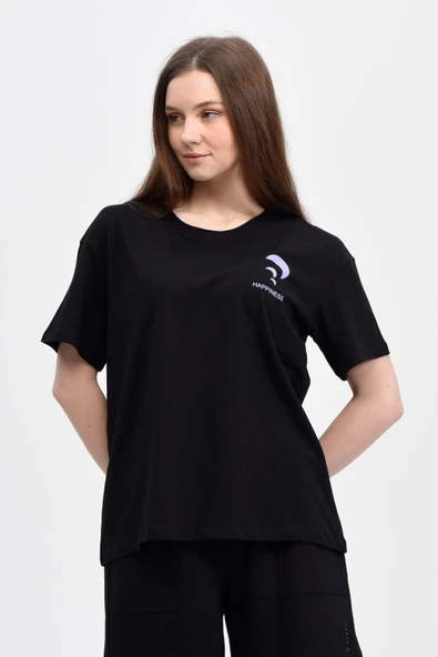 Kadın Ön Ve Sırt Baskılı Kısa Kollu Bisiklet Yaka Oversıze Oversıze Tişört Siyah  2XL FUŞYA - Resim 4