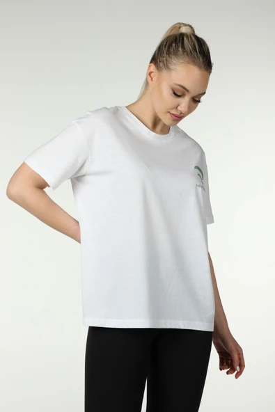 Kadın Ön Ve Sırt Baskılı Kısa Kollu Bisiklet Yaka Oversıze Oversıze Tişört Siyah  2XL BEYAZ - 5
