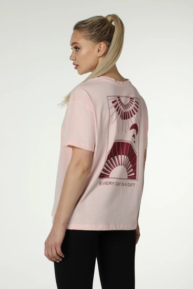 Kadın Ön Ve Sırt Baskılı Kısa Kollu Bisiklet Yaka Oversıze Oversıze Tişört Siyah  2XL PEMBE - 5