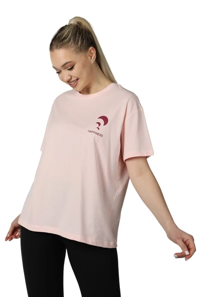 Kadın Ön Ve Sırt Baskılı Kısa Kollu Bisiklet Yaka Oversıze Oversıze Tişört Siyah  L PEMBE - 2