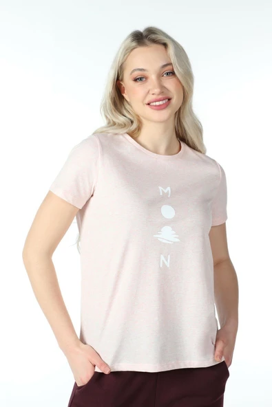 Kadın Baskılı Kısa Kollu Bisiklet Yaka Tişört Pembe Mel  S BEYAZ - Resim 4