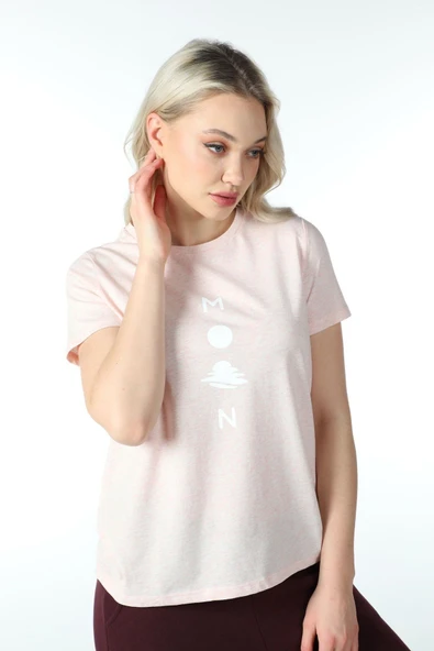 Kadın Baskılı Kısa Kollu Bisiklet Yaka Tişört Pembe Mel  XS BEYAZ ürün görseli