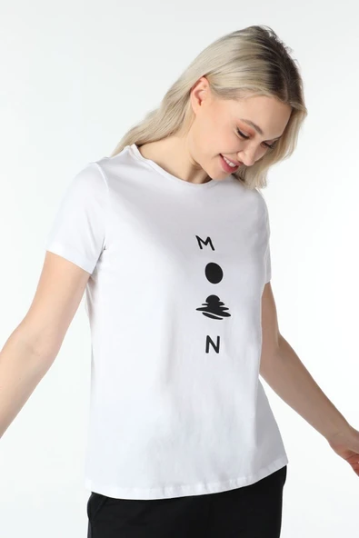 Kadın Baskılı Kısa Kollu Bisiklet Yaka Tişört Pembe Mel  S SİYAH - Resim 10