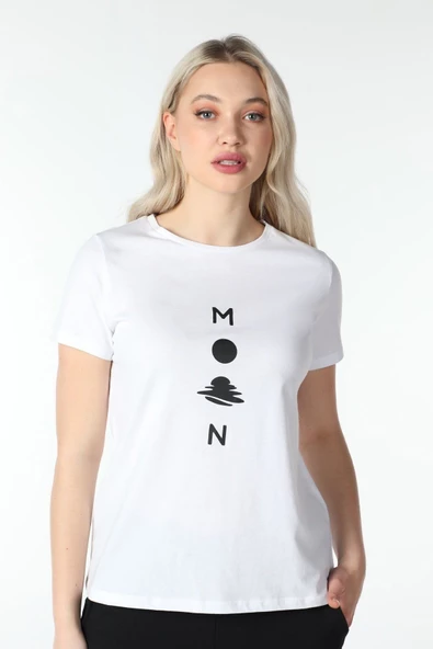 Kadın Baskılı Kısa Kollu Bisiklet Yaka Tişört Pembe Mel L BEYAZ - 3