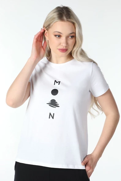 Kadın Baskılı Kısa Kollu Bisiklet Yaka Tişört Pembe Mel XL BEYAZ - 2