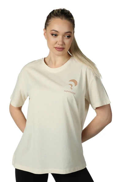 Kadın Ön Ve Sırt Baskılı Kısa Kollu Bisiklet Yaka Oversıze Oversıze Tişört Siyah  2XL BEYAZ - Resim 11