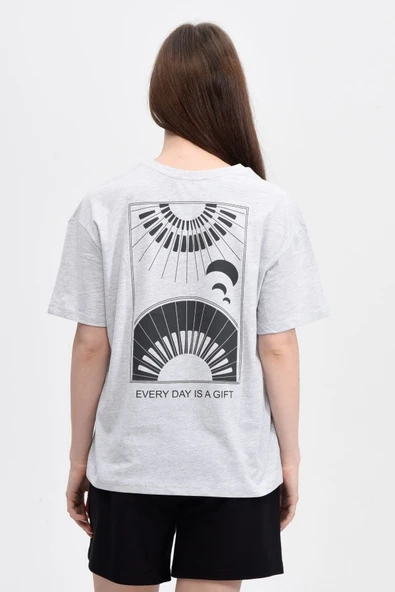 Kadın Ön Ve Sırt Baskılı Kısa Kollu Bisiklet Yaka Oversıze Oversıze Tişört Siyah  2XL PEMBE - Resim 7