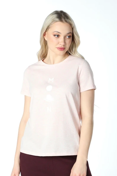 Kadın Baskılı Kısa Kollu Bisiklet Yaka Tişört Pembe Mel  L BEYAZ - Resim 3