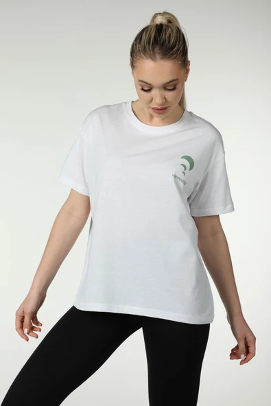 Kadın Ön Ve Sırt Baskılı Kısa Kollu Bisiklet Yaka Oversıze Oversıze Tişört Siyah  2XL BEYAZ - 3