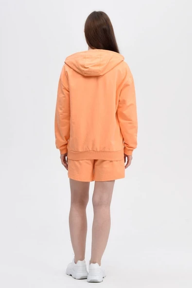Kadın Kapüşonlu Fermuarlı Sweatshırt Oranj - 3
