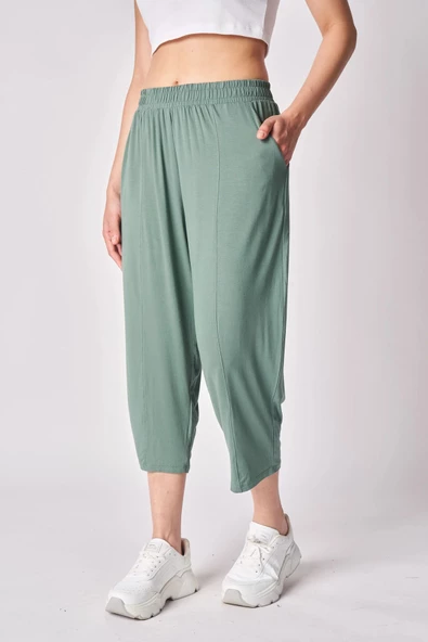 Kadın Beli Lastikli Dikiş Detaylı Şalvar Pantolon Haki - 3