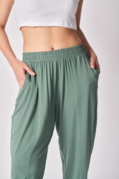 Kadın Beli Lastikli Dikiş Detaylı Şalvar Pantolon Haki - 4
