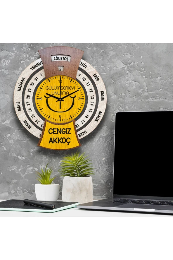PERA LAZER KESİM Kişiye Özel Hediye Gülümsemeyi Unutma Sonsuz Takvimli Duvar Saati