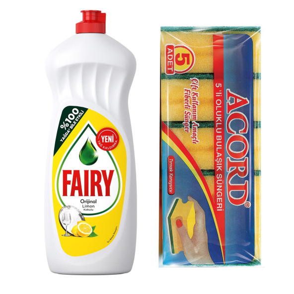 Fairy 650 Ml Sıvı Bulaşık Deterjanı + Acord 5'li Bulaşık Süngeri