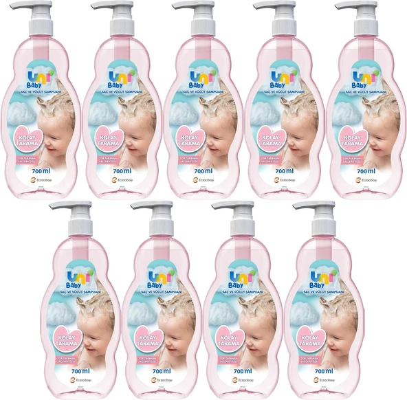 Uni Baby Bebek Kolay Tarama Saç ve Vücut Şampuanı 700ML (Pompalı) (9 Lu Set)