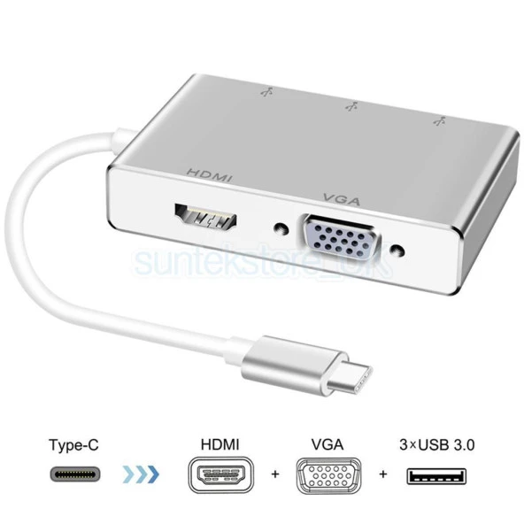 Type-C Usb C 3.1 Hdmi Vga 3 Usb Port 3.0 Hub Çoklayıcı Adaptör