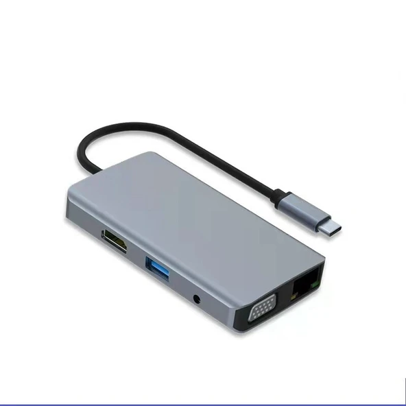 Type-C 9in1 4K Hdmi Vga Rj45 Micro SD TF 3.5mm 2xUsb Şarj Çevirici Hub