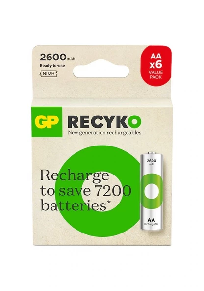 GP Batteries ReCyko 2600mAh AA Kalem Ni-Mh Şarjlı Pil, 1.2 Volt, 6’lı Kart