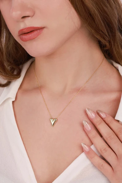 Taşsız Gümüş Kalp Kolye - Gold Renk - 6