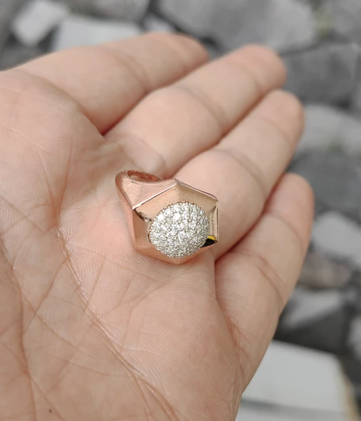 Ortası Yuvarlak Çokgen Model Gümüş Yüzük - Rose Renk - Resim 2