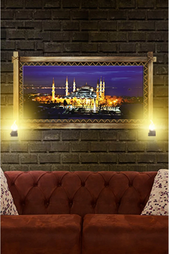 RUSTİK IŞIKLI Camii Kanvas Rustik Tablo O - 1