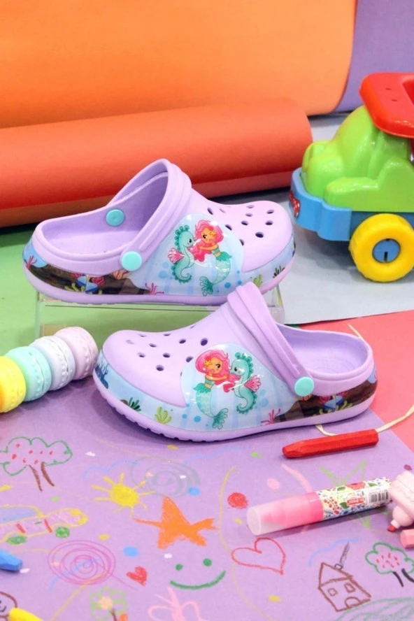 Albishoes Kız Çocuk Crocs Modeli Deniz Kızı Desenli Kaymaz Taban Plaj Havuz Deniz Sandalet Terlik