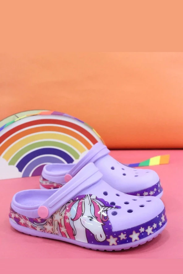 Albishoes Kız Çocuk Crocs Modeli Unicorn Desenli Kaymaz Taban Plaj Havuz Deniz Sandalet Terlik