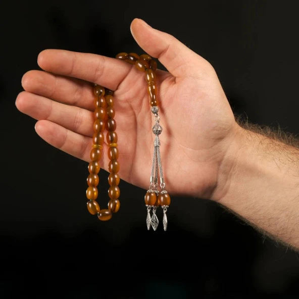 Gümüş Püsküllü Sıkma Kehribar Tesbihi 925 Ayar ürün görseli 1