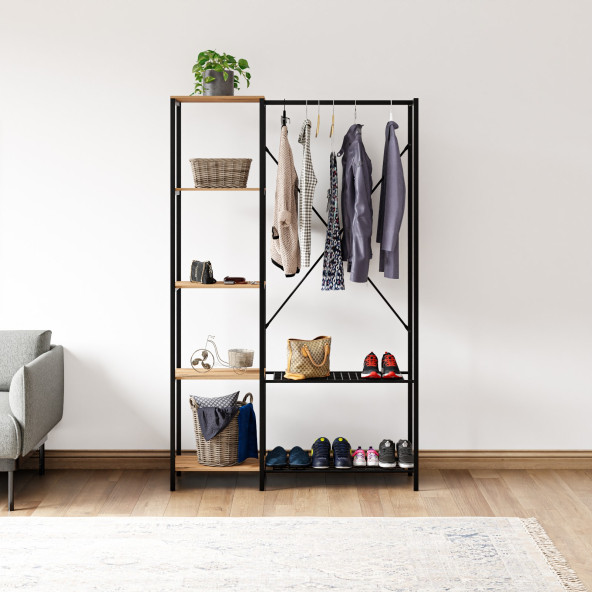 Eportatif Çok Amaçlı Metal Ayaklı Raflı Dolap Ayakkabılık Portatif Portmanto Gardırop Çam 1370