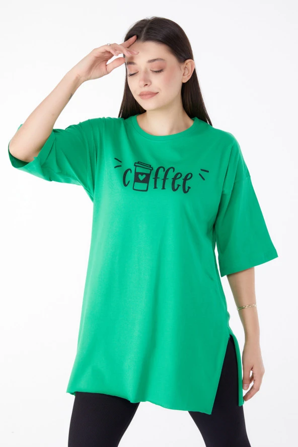 Düz Bisiklet Yaka Kadın Yeşil Baskılı T-shirt - 25302