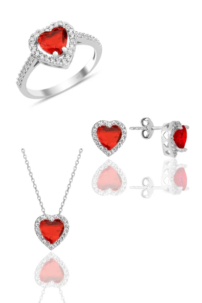 Gümüş rodyumlu kırmızı taşlı pırlanta montürlü kalp modeli üçlü set SGTL12080KIRMIZI ürün görseli