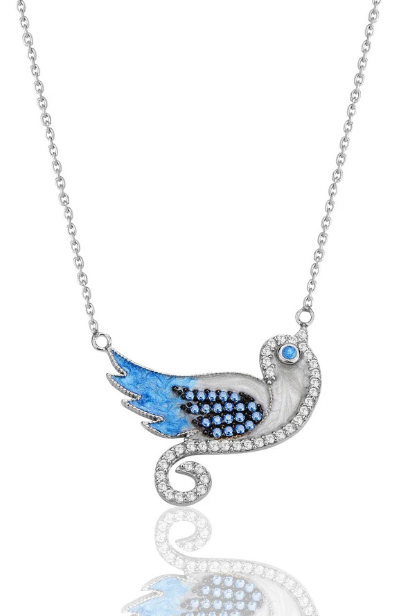 Gümüş rodyumlu zirkon taşlı mavi mineli anka kuşu kolye SGTL12426RODAJ ürün görseli