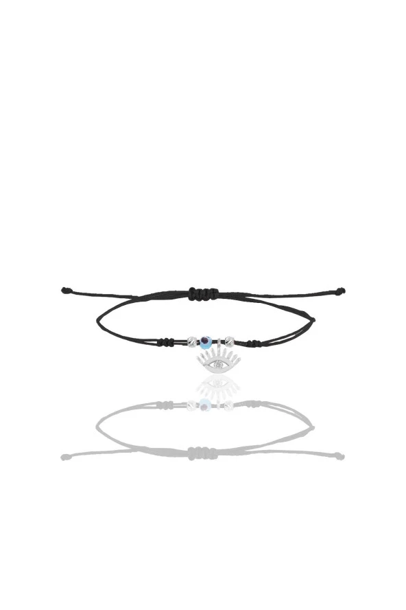 Gümüş rodyumlu zirkon taşlı nazarlı kirpikli göz siyah ipli şans bileklik SGTL12460RODAJ - Resim 2