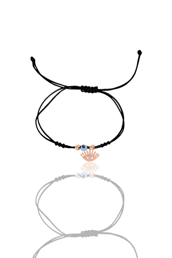 Gümüş rose zirkon taşlı nazarlı kirpikli göz siyah ipli şans bileklik SGTL12460ROSE - Resim 2