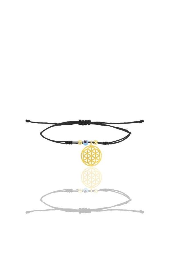 Gümüş altın yaldızlı nazarlı yaşam çiçeği siyah ipli şans bileklik SGTL12462GOLD ürün görseli