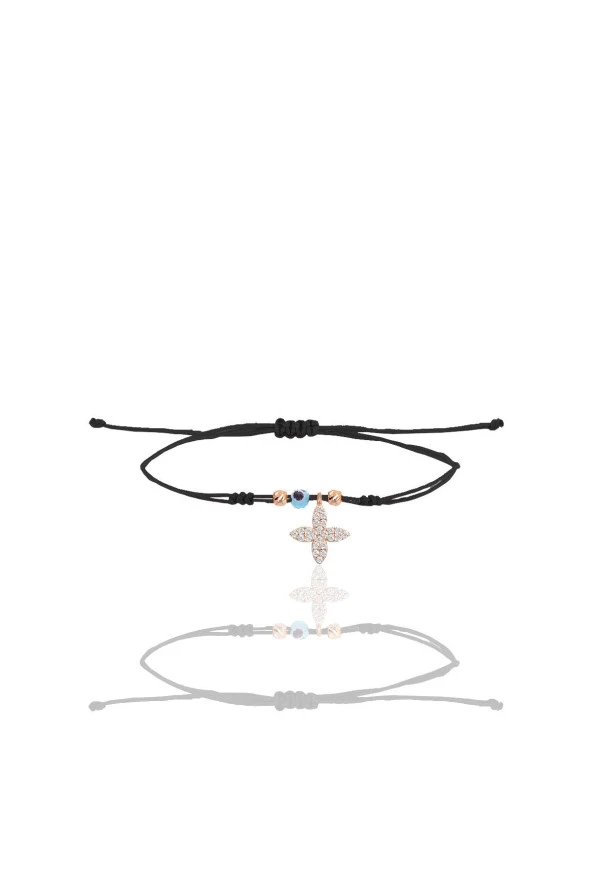 Gümüş rose zirkon taşlı nazarlı dört yapraklı yonca siyah ipli şans bileklik SGTL12467ROSE ürün görseli