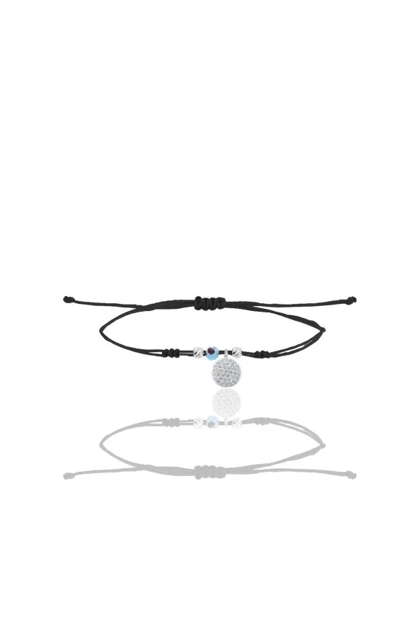 Gümüş rodyumlu zirkon taşlı nazarlı yuvarlak siyah ipli şans bileklik SGTL12486RODAJ ürün görseli