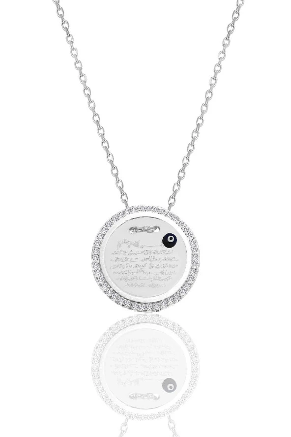 Gümüş rodyumlu zirkon taşlı Ayetel Kürsi yazılı nazarlı plaka kolye SGTL12491RODAJ ürün görseli 1