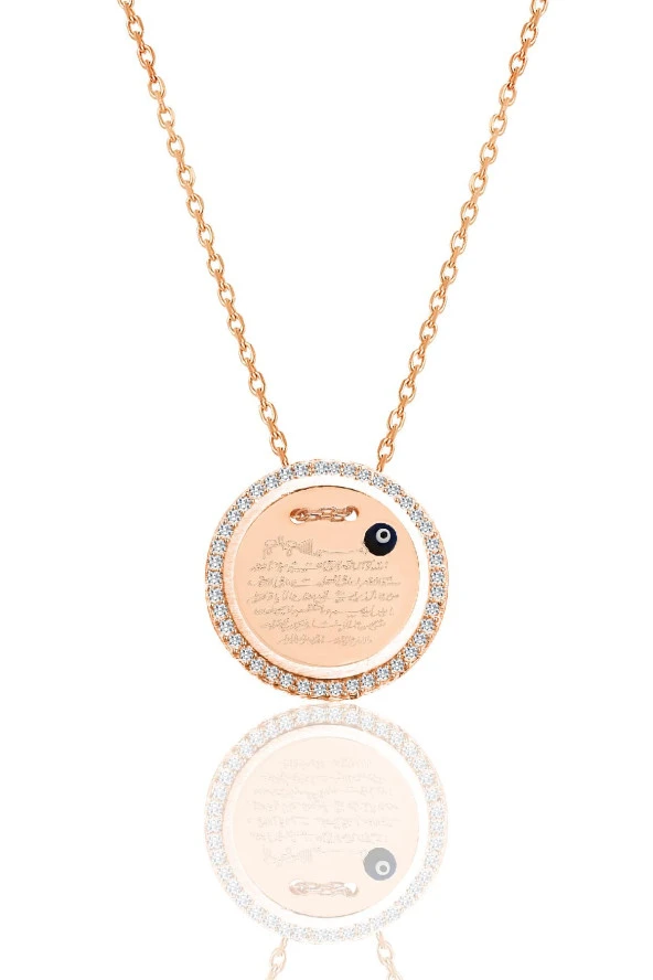 Gümüş rose zirkon taşlı Ayetel Kürsi yazılı nazarlı plaka kolye SGTL12491ROSE ürün görseli 1