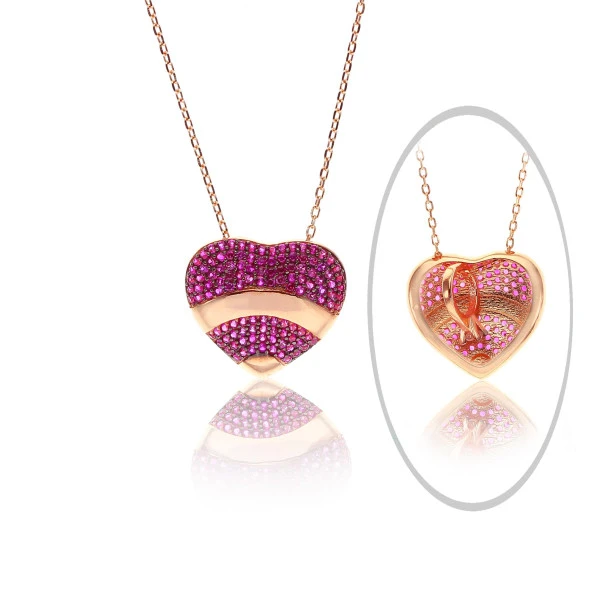 Gümüş rose fuşya taşlı özel tasarım kalbimdeki sır kolye  SGTL12492FUSYA - Resim 2
